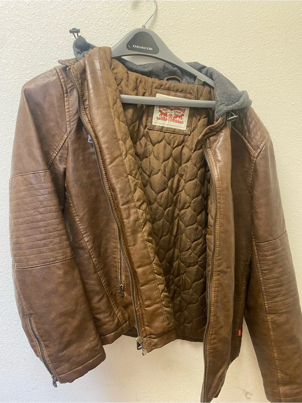 Levi’s Brown Quilted Faux Leather Jacket with Hood - Picture 1 of 9
